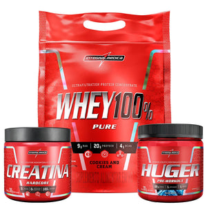Pack Whey 100% 900g Pouch Cookies and Cream + Creatina 100% Pura 300g + Huger 320g Blue Razz